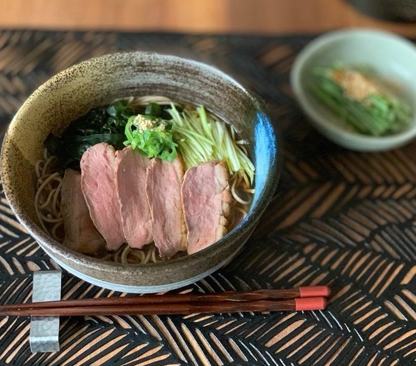 online class : Duck breast with miso sauce, soba noodles, and homemade goma tofu