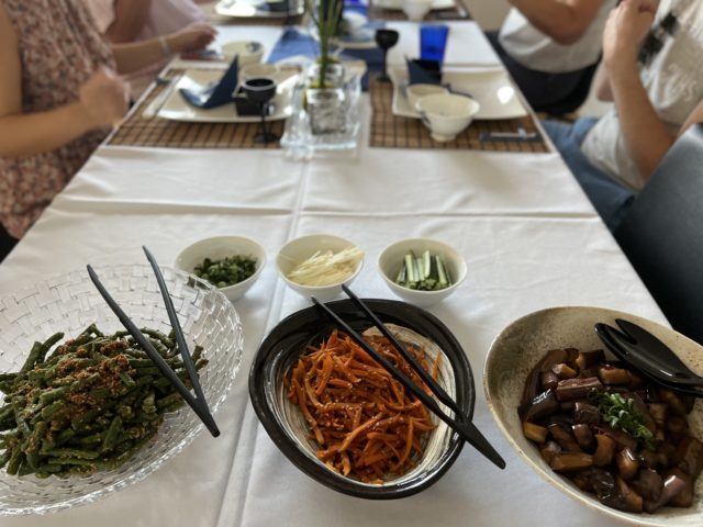 Kinpira carrots, Eggplant in sweet vinegar, Spinach with sesame paste