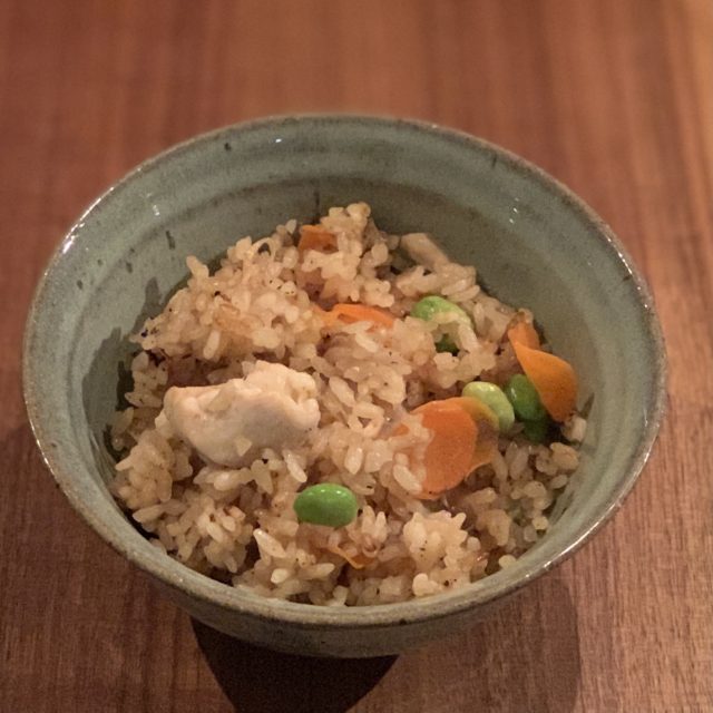 takikomi-gohan (rice with mushrooms, chicken and edamame)